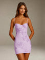 Women's floral appliqué mini dress with sweetheart neckline and spaghetti straps