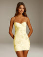 Women's floral appliqué mini dress with sweetheart neckline and spaghetti straps