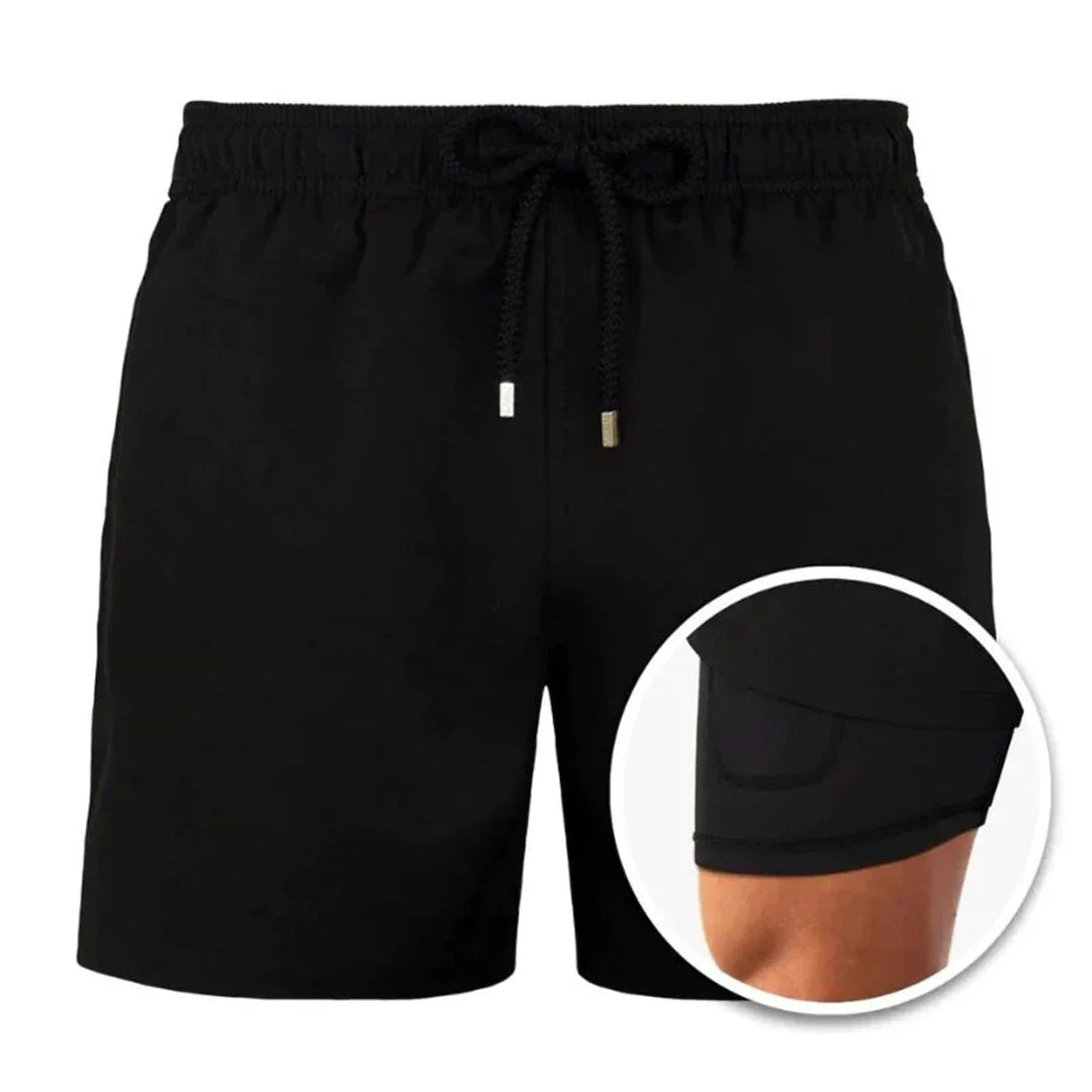 Men's plain mid-length swim shorts with elasticated drawstring waist and side pockets