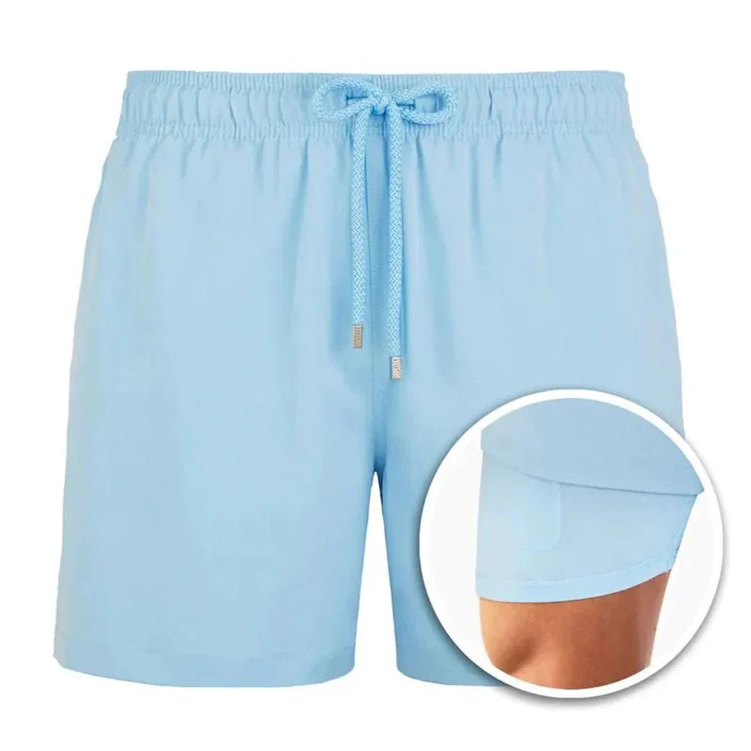 Men's plain mid-length swim shorts with elasticated drawstring waist and side pockets