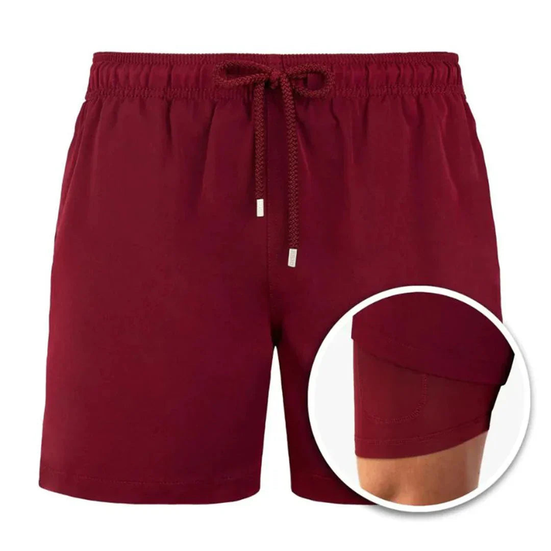 Men's plain mid-length swim shorts with elasticated drawstring waist and side pockets