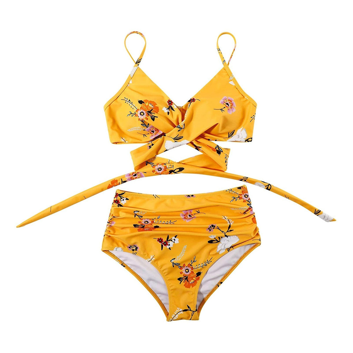 Women's high-waisted floral bikini with wrap top and ruched briefs