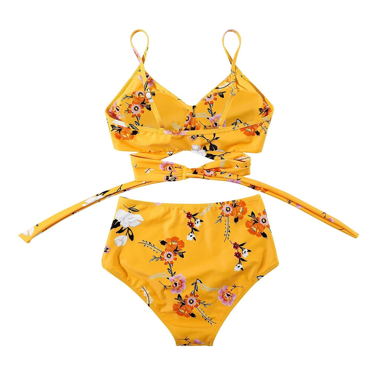 Women's high-waisted floral bikini with wrap top and ruched briefs