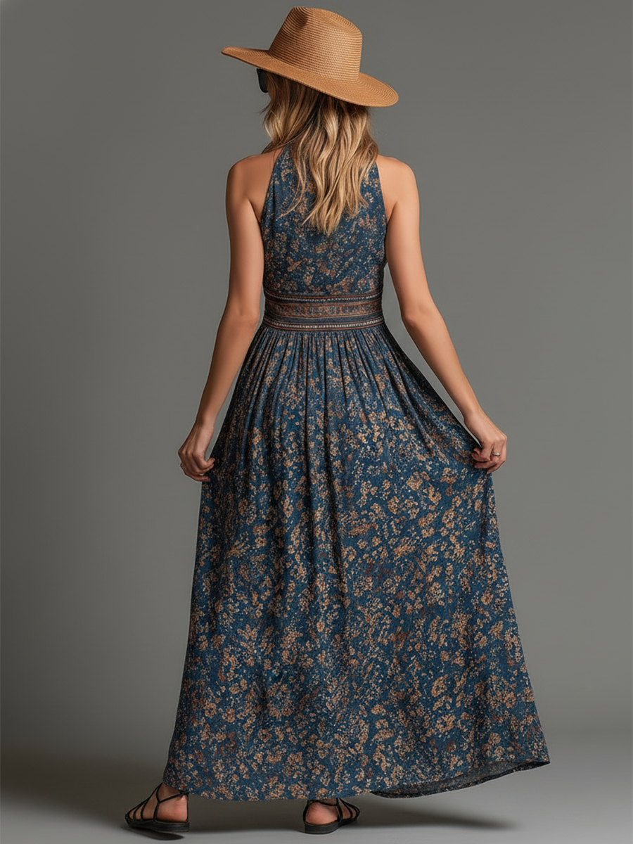 Women's teal floral halter maxi dress with deep V-neckline and front split