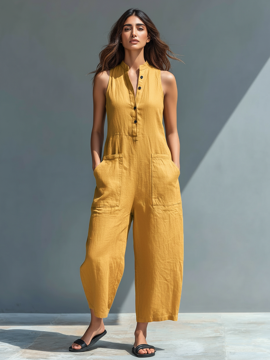 Women's sleeveless button-front utility jumpsuit with wide cropped legs and patch pockets