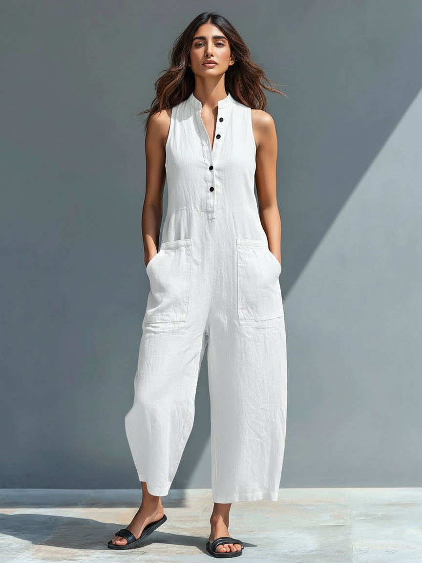 Women's sleeveless button-front utility jumpsuit with wide cropped legs and patch pockets