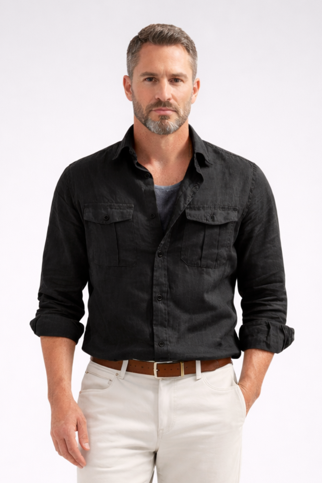 Men's long sleeve plain shirt with collar, button front and two chest pockets