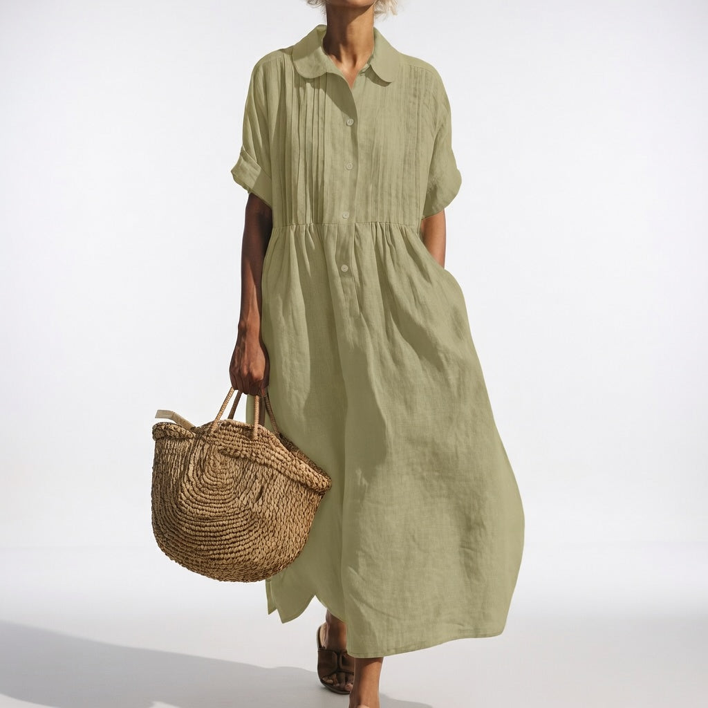Women's shirt midi dress with rounded collar, short sleeves and gathered waist
