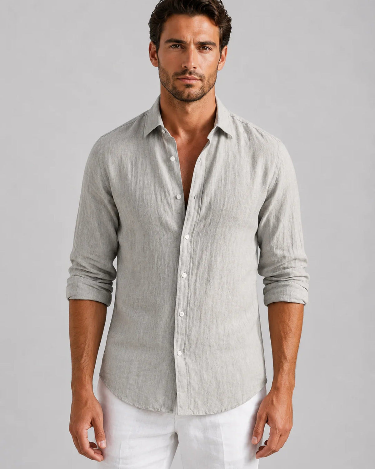 Men's long-sleeve collared shirt with button front and curved hem