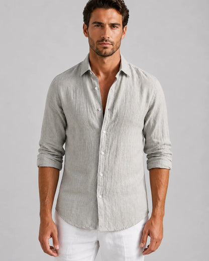 Men's long-sleeve collared shirt with button front and curved hem