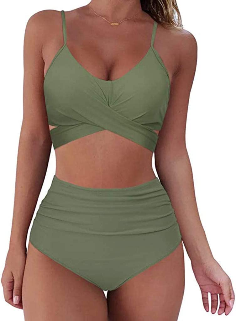 Women's high-waisted floral bikini with wrap top and ruched briefs