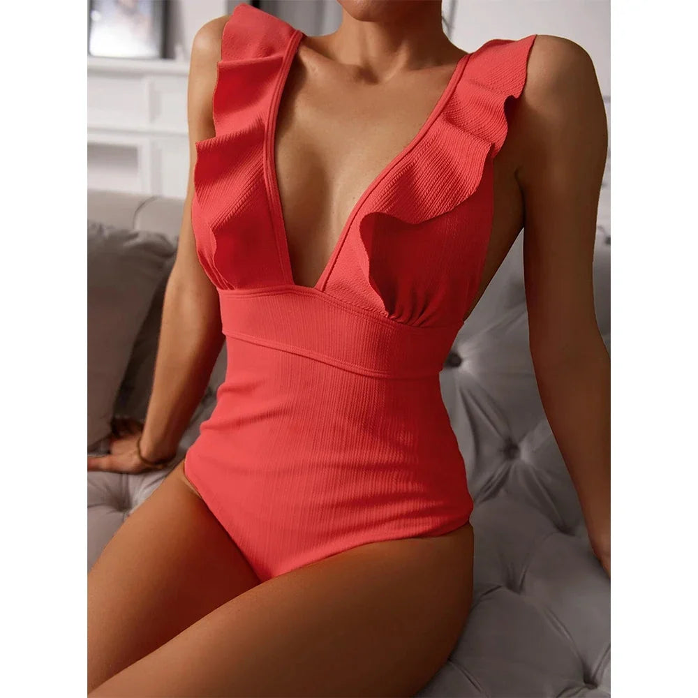 Women's ruffled V-neck one-piece swimsuit with ribbed texture