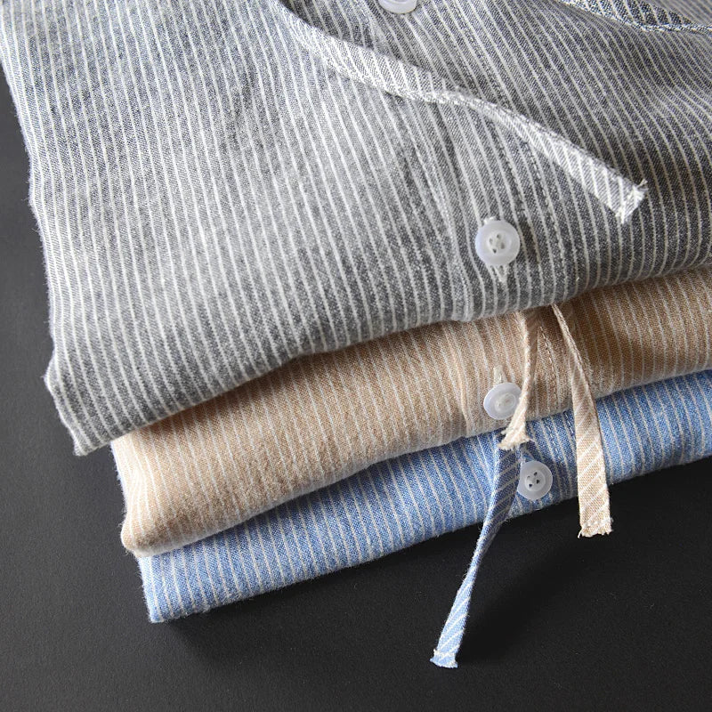 Men's striped long-sleeve hooded shirt with button front and curved hem