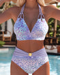 Women's animal print halter bikini set with high-waisted briefs and shell waist detail