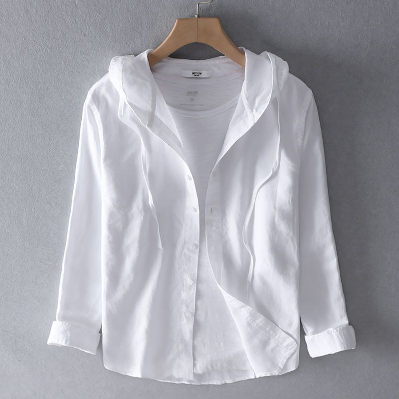 Men's striped long-sleeve hooded shirt with button front and curved hem