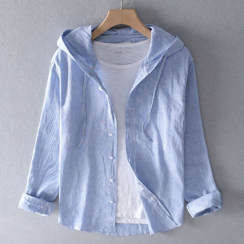 Men's striped long-sleeve hooded shirt with button front and curved hem