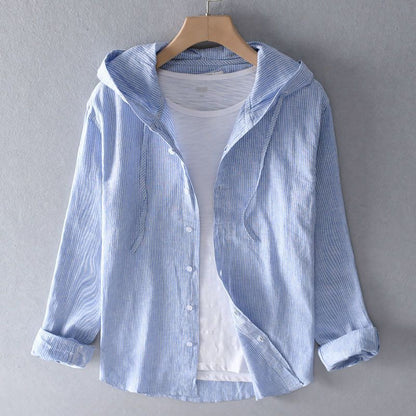 Men's striped long-sleeve hooded shirt with button front and curved hem