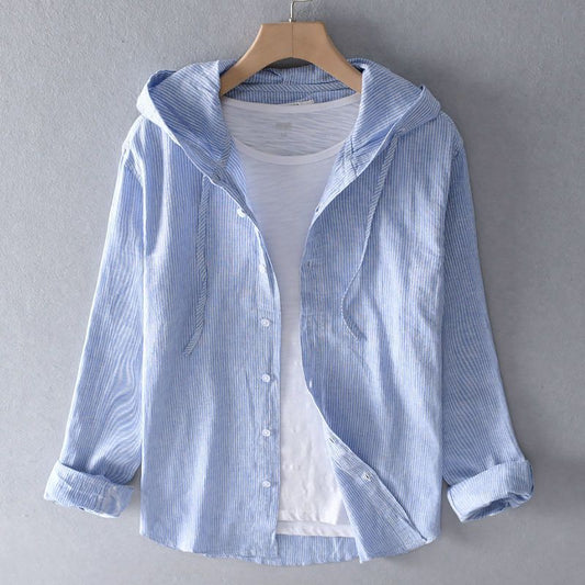 Men's striped long-sleeve hooded shirt with button front and curved hem