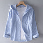 Men's striped long-sleeve hooded shirt with button front and curved hem