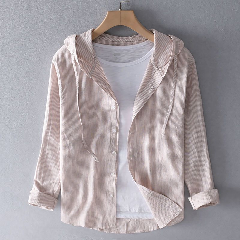 Men's striped long-sleeve hooded shirt with button front and curved hem