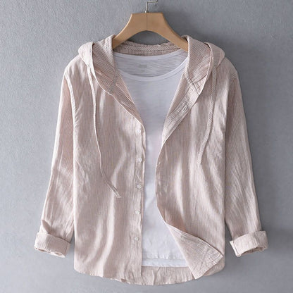 Men's striped long-sleeve hooded shirt with button front and curved hem