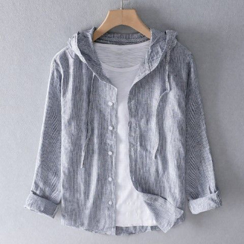 Men's striped long-sleeve hooded shirt with button front and curved hem