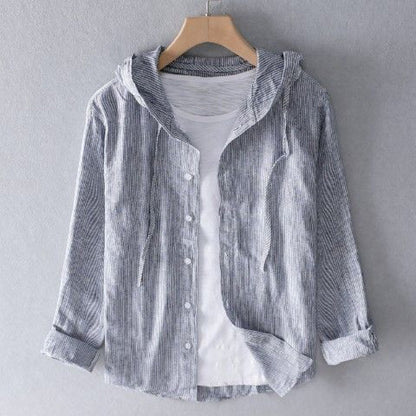 Men's striped long-sleeve hooded shirt with button front and curved hem