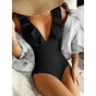 Women's ruffled V-neck one-piece swimsuit with ribbed texture
