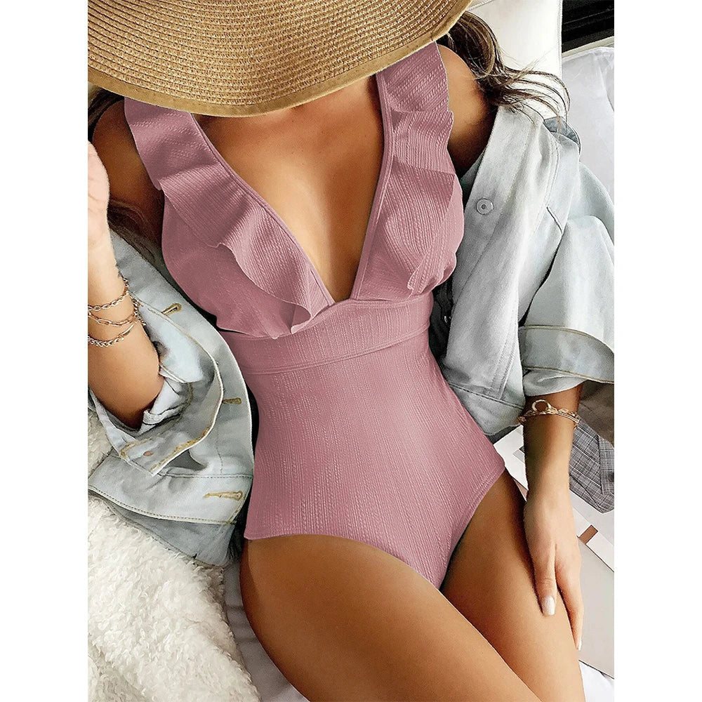 Women's ruffled V-neck one-piece swimsuit with ribbed texture