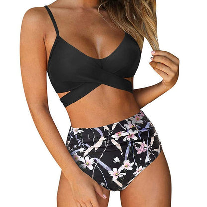 Women's high-waisted floral bikini with wrap top and ruched briefs