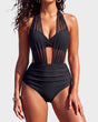 Women's high-waisted mesh bikini set with halter top and ruched briefs