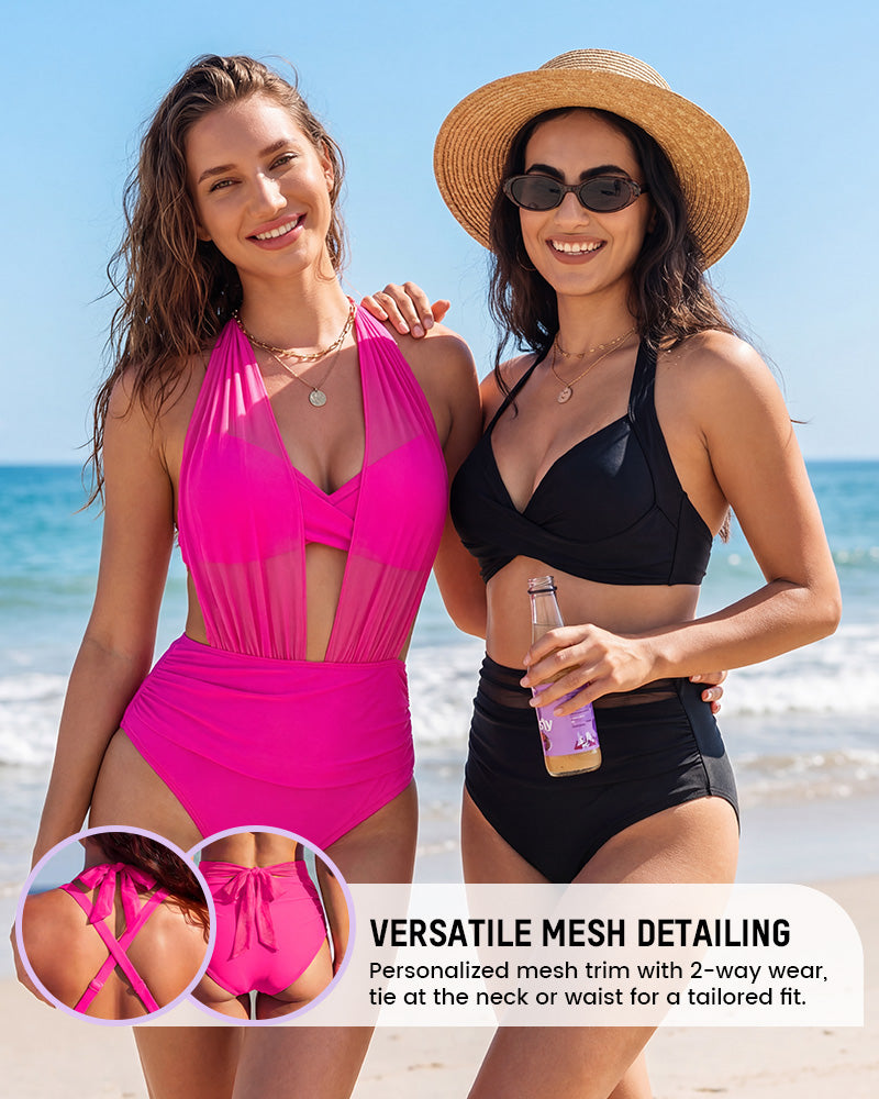 Women's high-waisted mesh bikini set with halter top and ruched briefs
