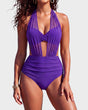 Women's high-waisted mesh bikini set with halter top and ruched briefs