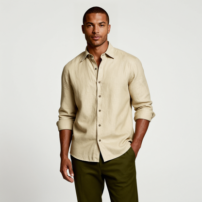 Men's long sleeve collared shirt with button front and curved hem
