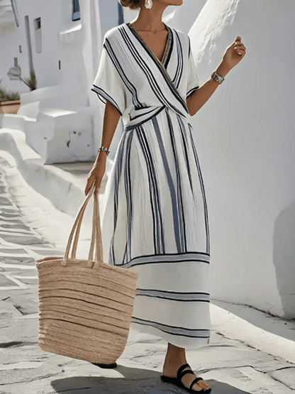 Women's striped wrap maxi dress with V-neck and short sleeves