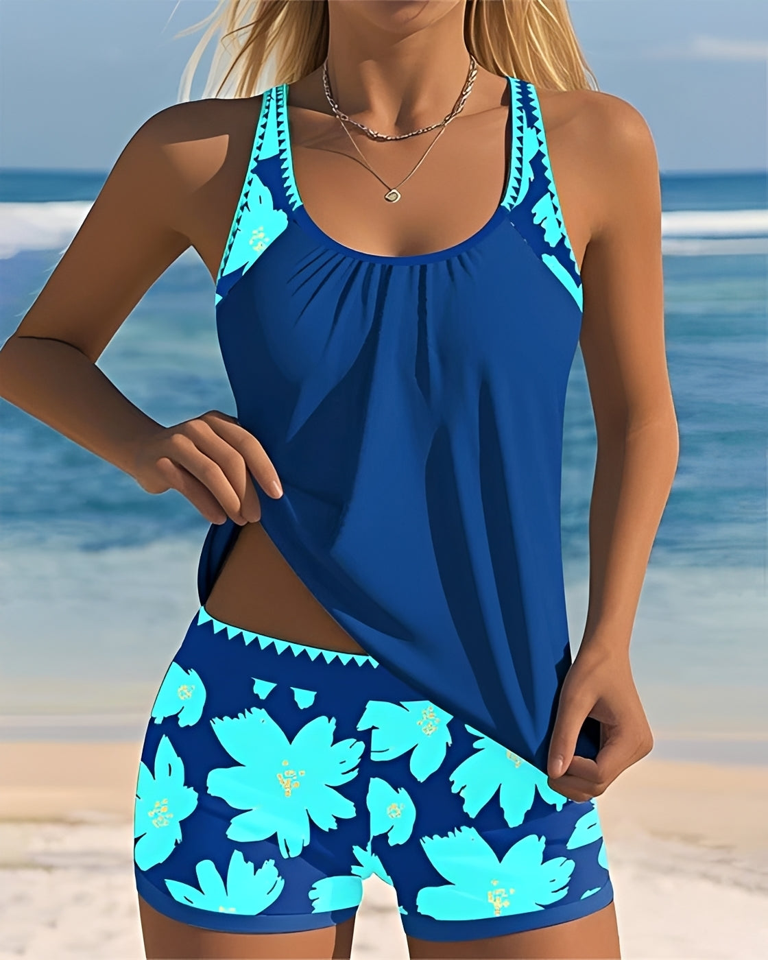 Women's floral tankini swimsuit with U-neck top and matching shorts