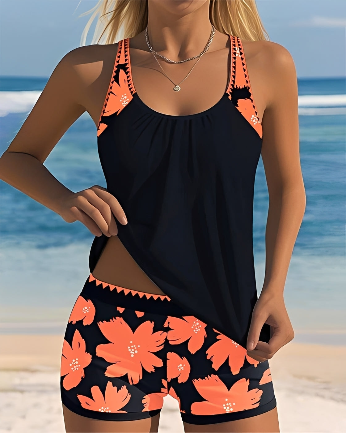 Women's floral tankini swimsuit with U-neck top and matching shorts
