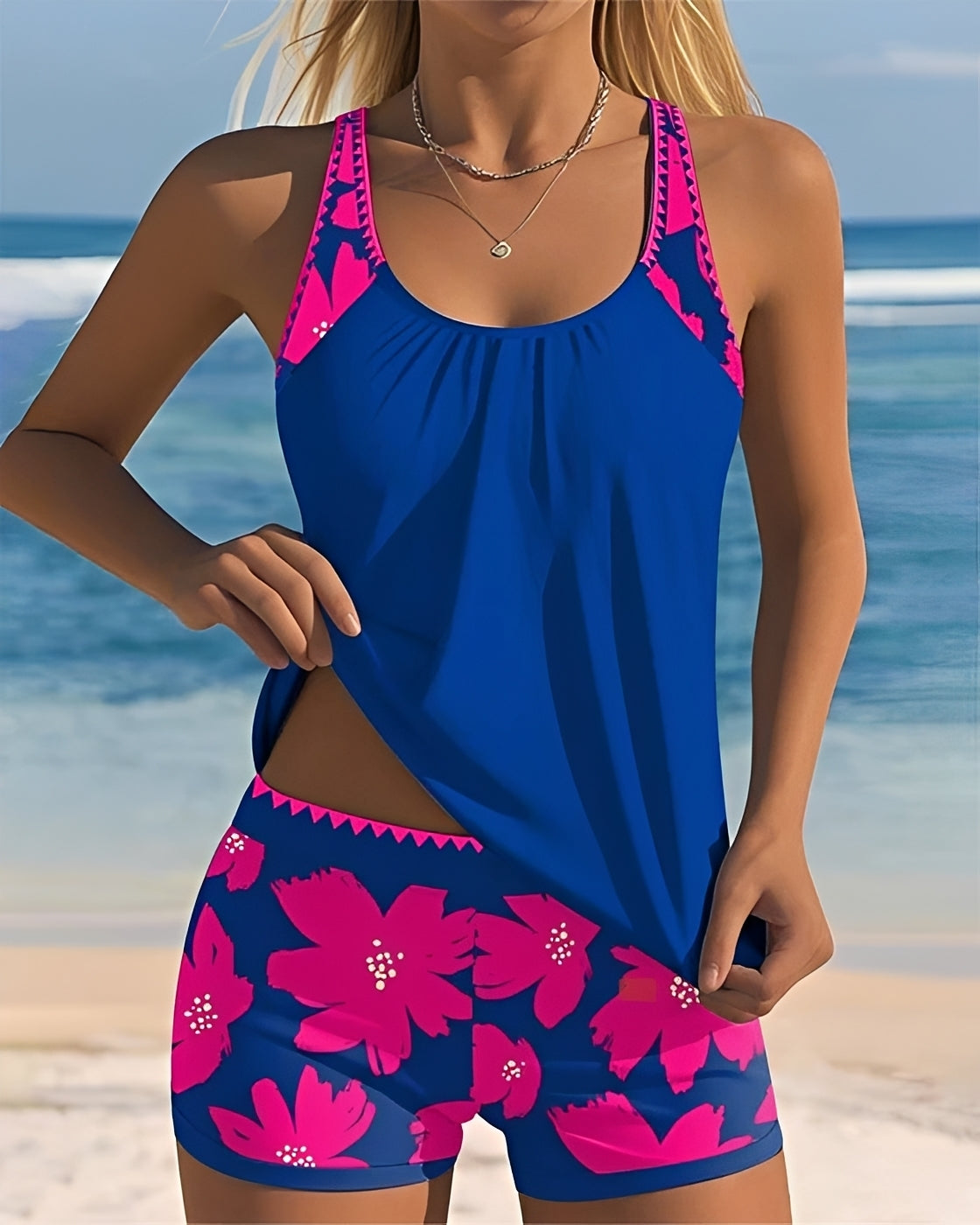 Women's floral tankini swimsuit with U-neck top and matching shorts