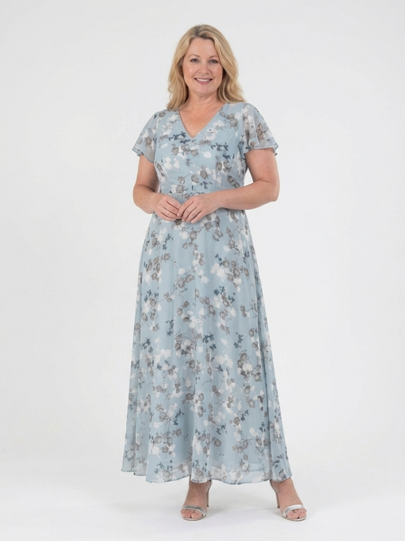 Women's floral maxi dress with V-neckline and short sleeves