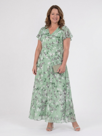 Women's floral maxi dress with V-neckline and short sleeves