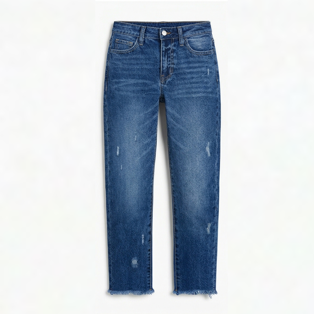Women's cropped straight leg jeans with faded finish and fringed hems