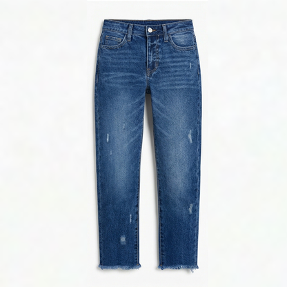 Women's cropped straight leg jeans with faded finish and fringed hems