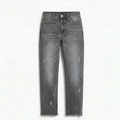 Women's cropped straight leg jeans with faded finish and fringed hems