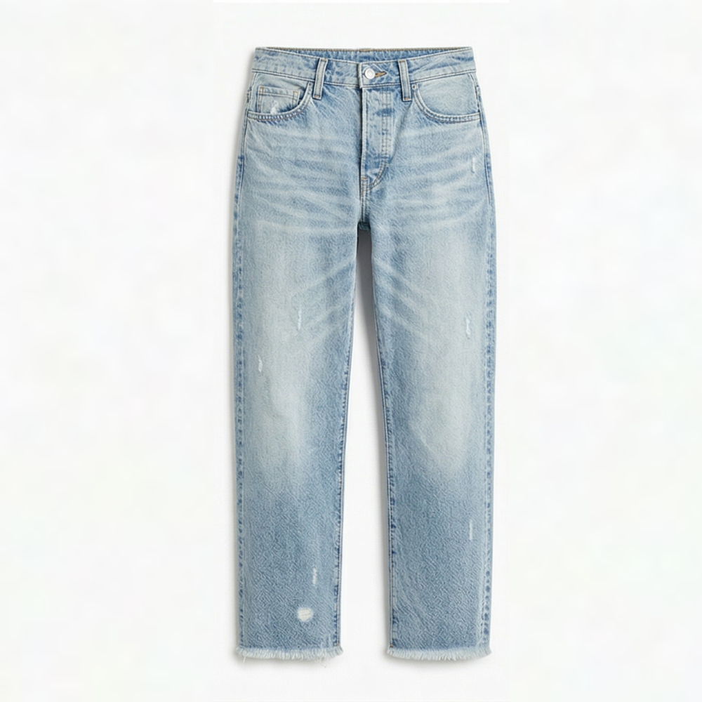 Women's cropped straight leg jeans with faded finish and fringed hems