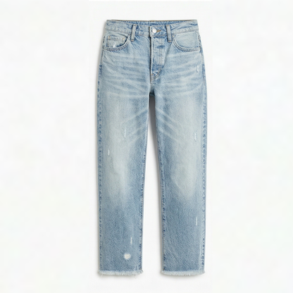 Women's cropped straight leg jeans with faded finish and fringed hems