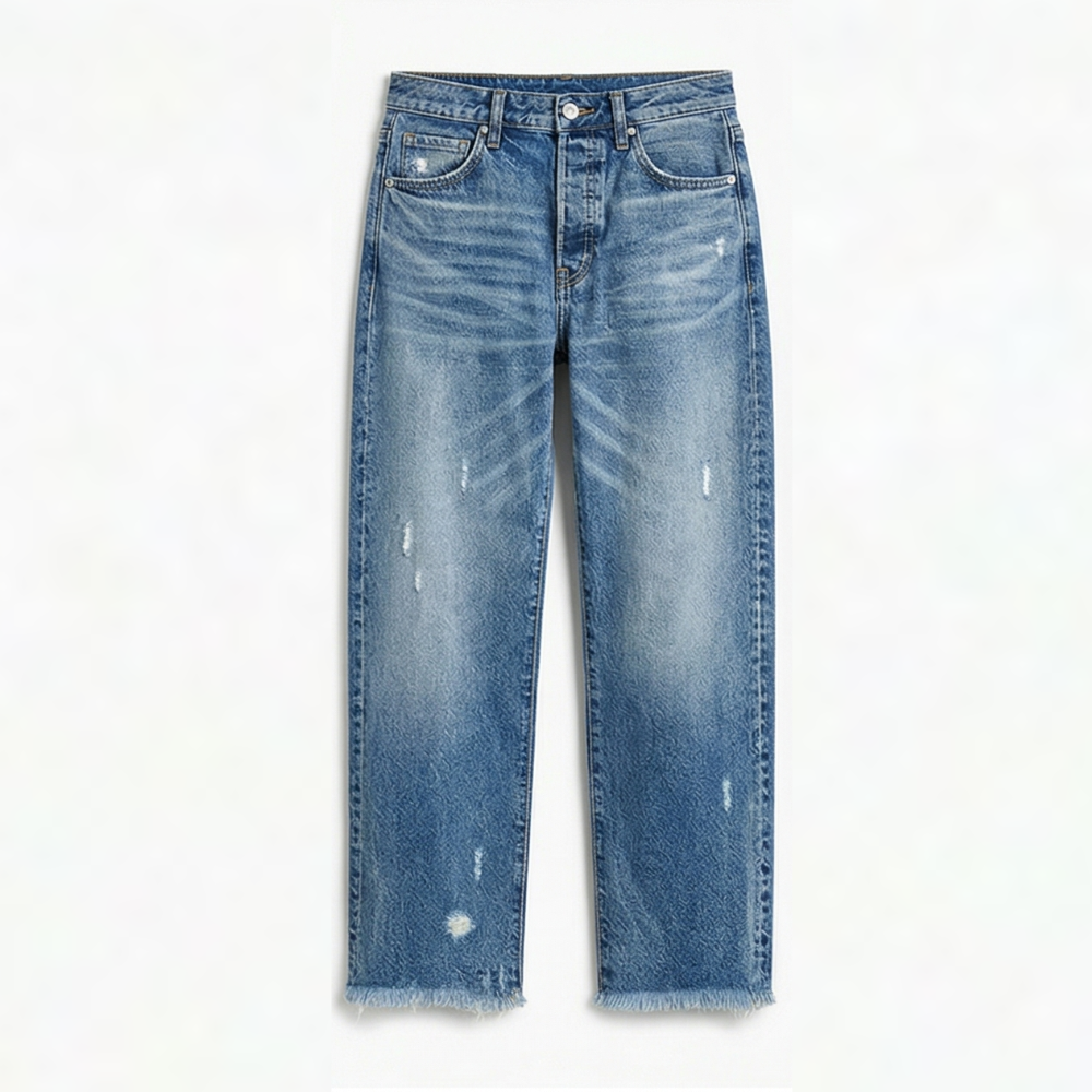 Women's cropped straight leg jeans with faded finish and fringed hems