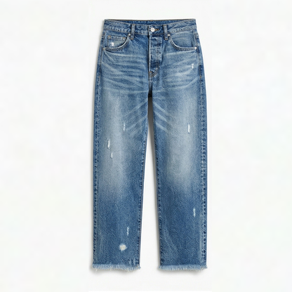 Women's cropped straight leg jeans with faded finish and fringed hems