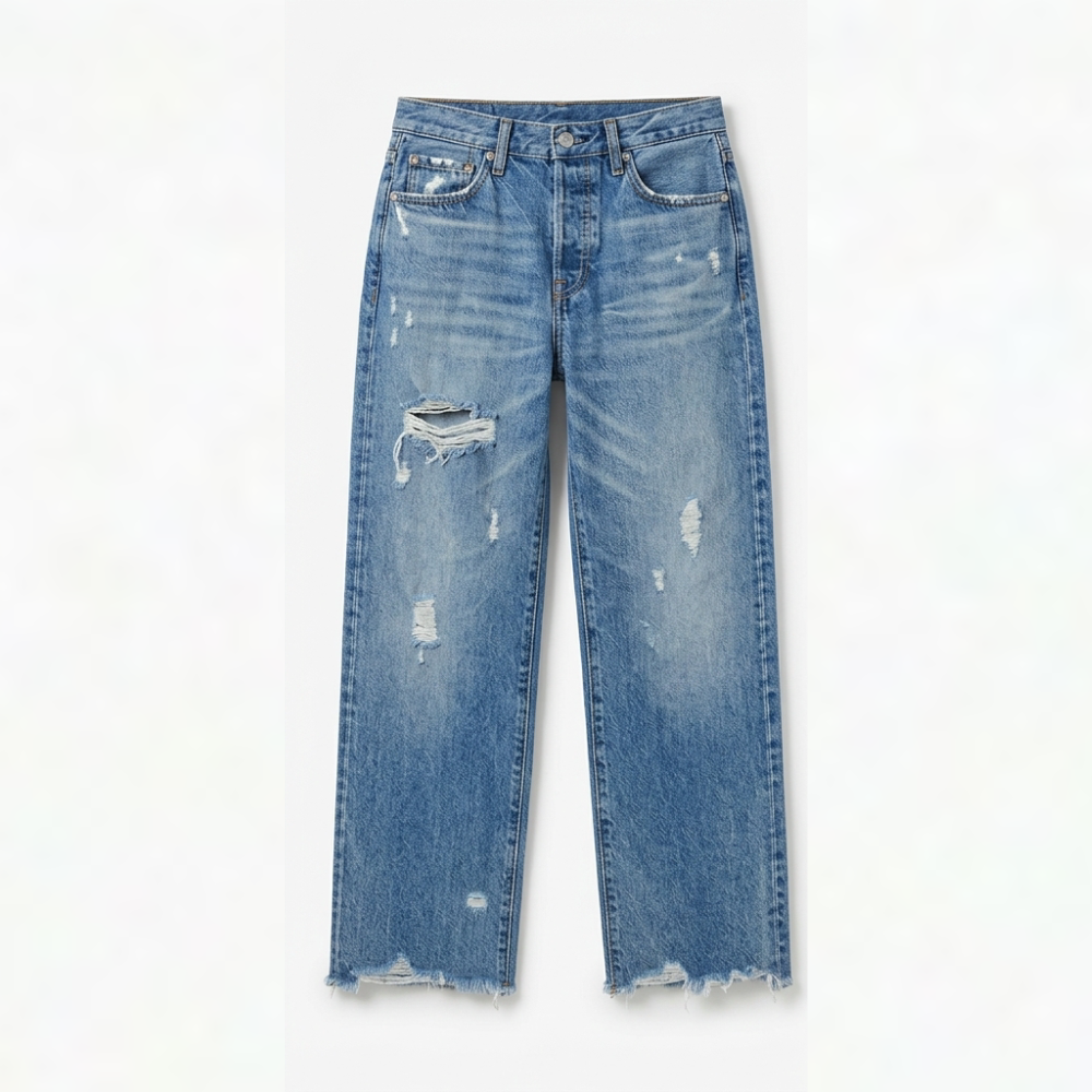 Women's cropped straight leg jeans with faded finish and fringed hems