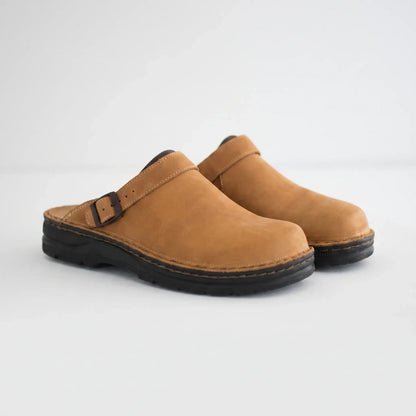 Men's closed-toe mule shoes with buckle straps and raised black soles