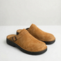 Men's closed-toe mule shoes with buckle straps and raised black soles